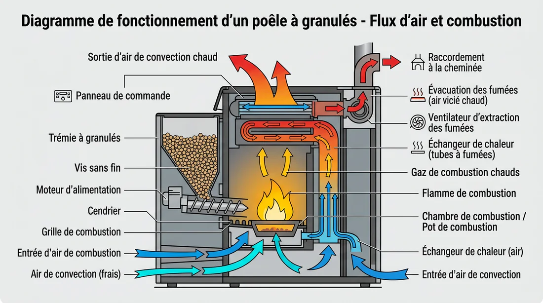 Schéma des composants internes d'un poêle à granulés