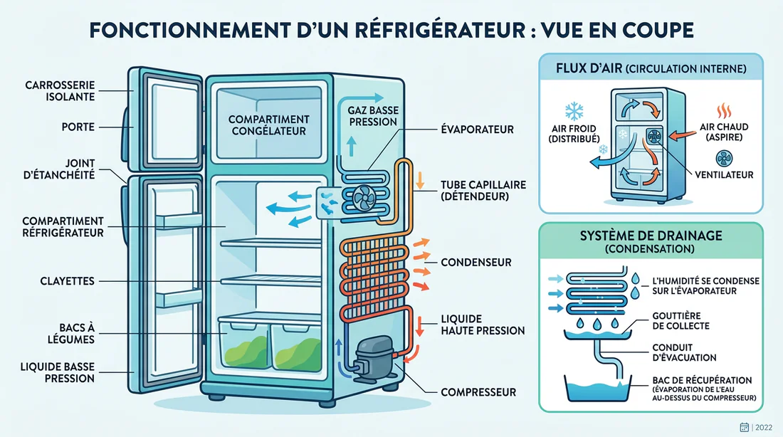 Schéma technique du système d'évacuation d'un réfrigérateur