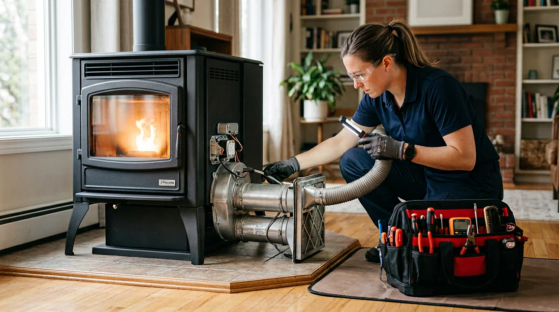 Technicien vérifiant les composants d'un poêle à granulés