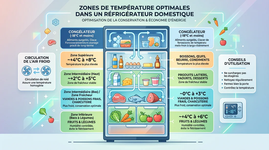 Infographie des zones de température optimales dans un réfrigérateur