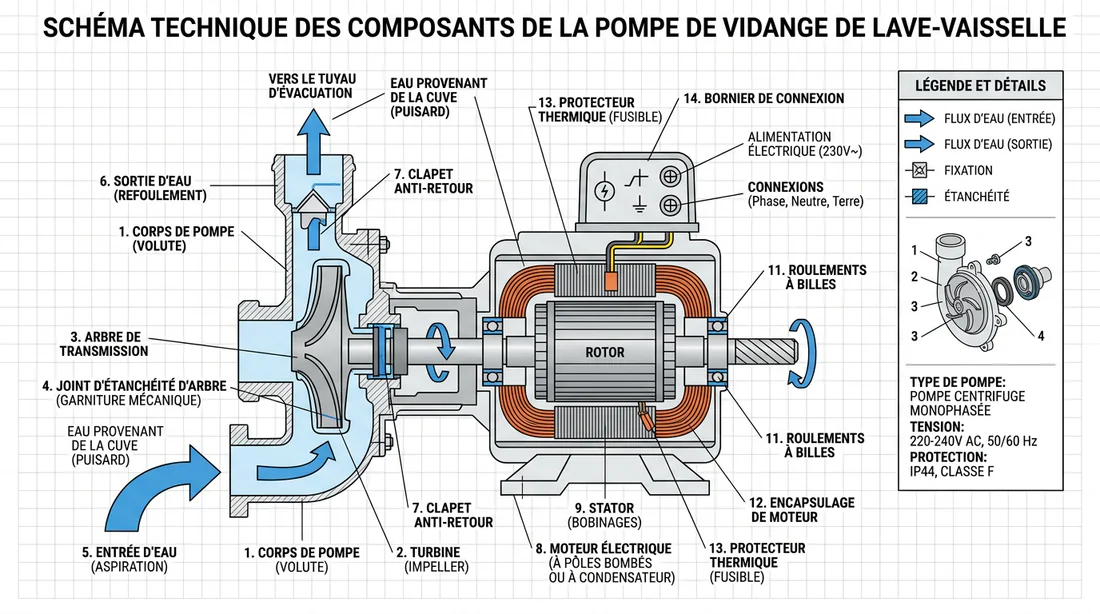 Schéma technique de la pompe de vidange d'un lave-vaisselle