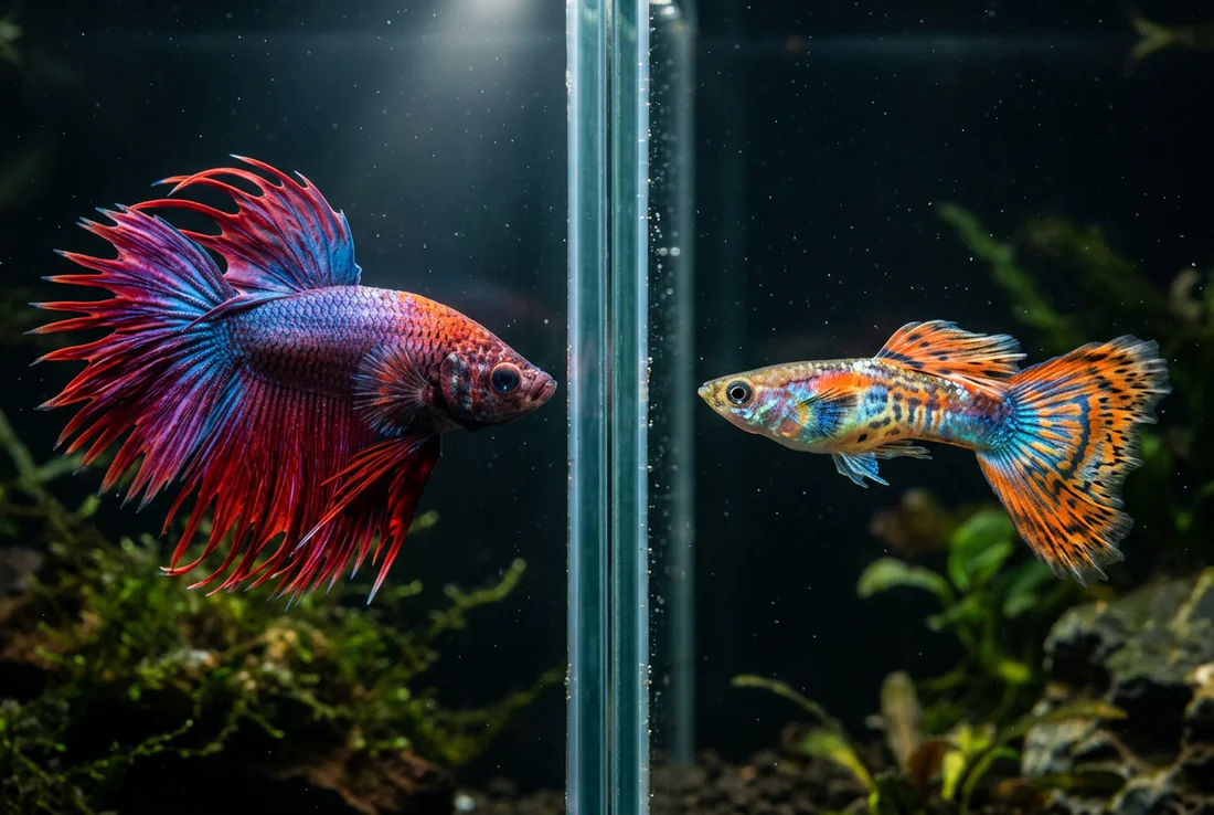 Betta agressif face à un Guppy dans un aquarium