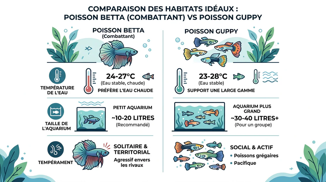 Infographie comparative des besoins de vie d'un Betta et d'un Guppy