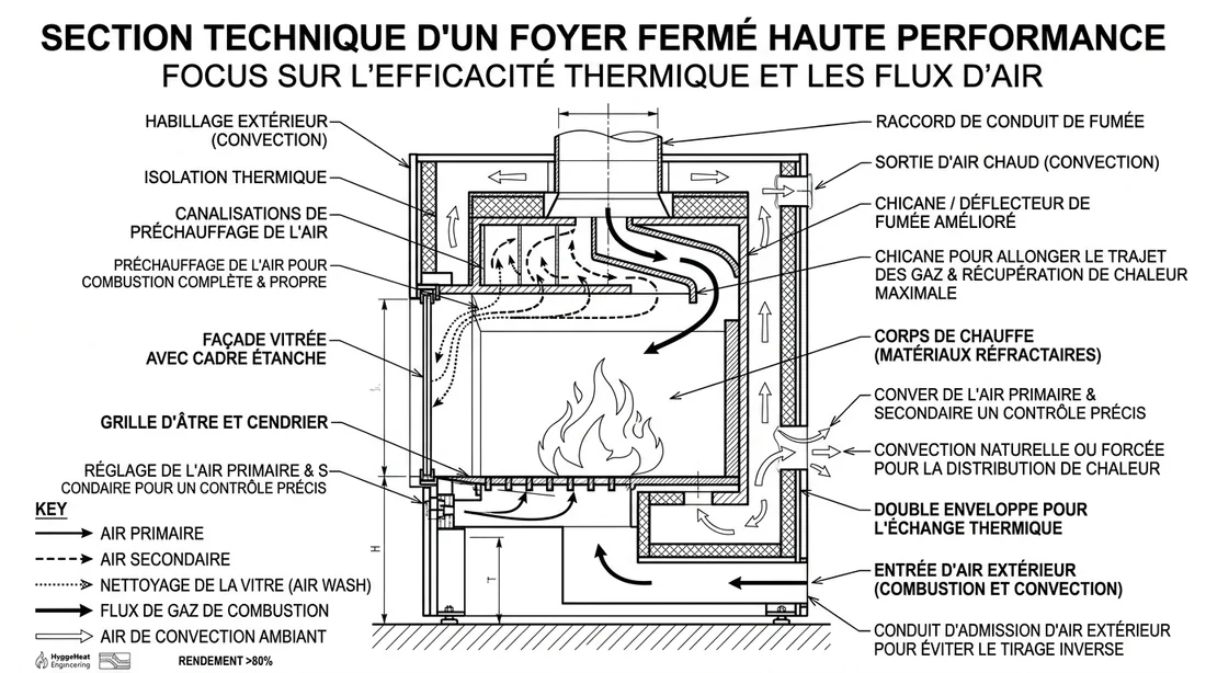 Coupe technique montrant la circulation d'air dans un foyer fermé