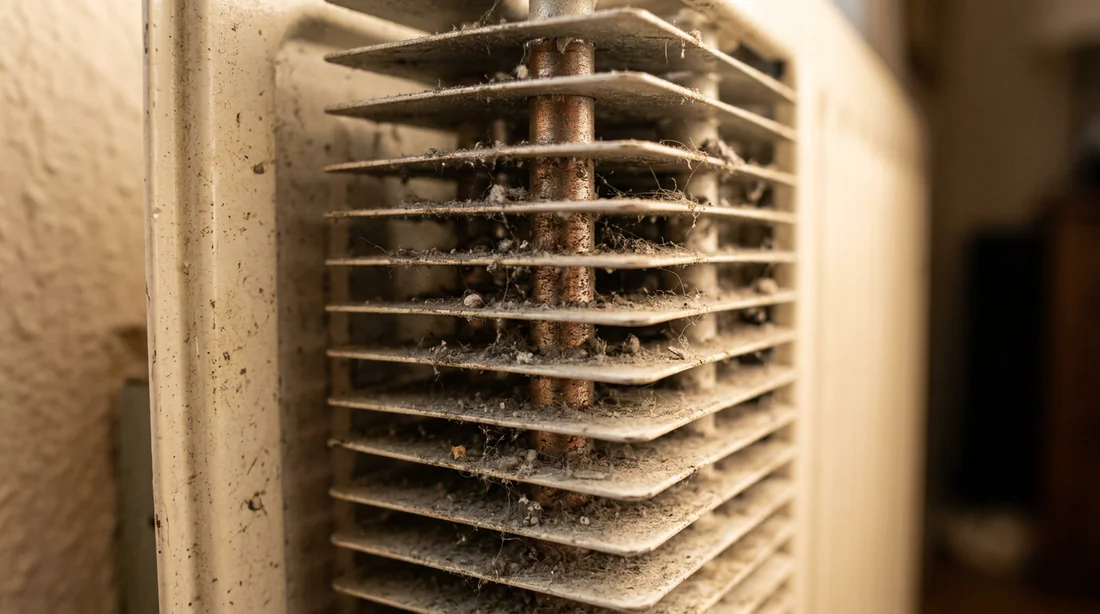 Accumulation de poussière sur les ailettes d'un radiateur
