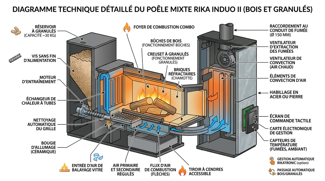 Schéma technique des composants du poêle Rika Induo II