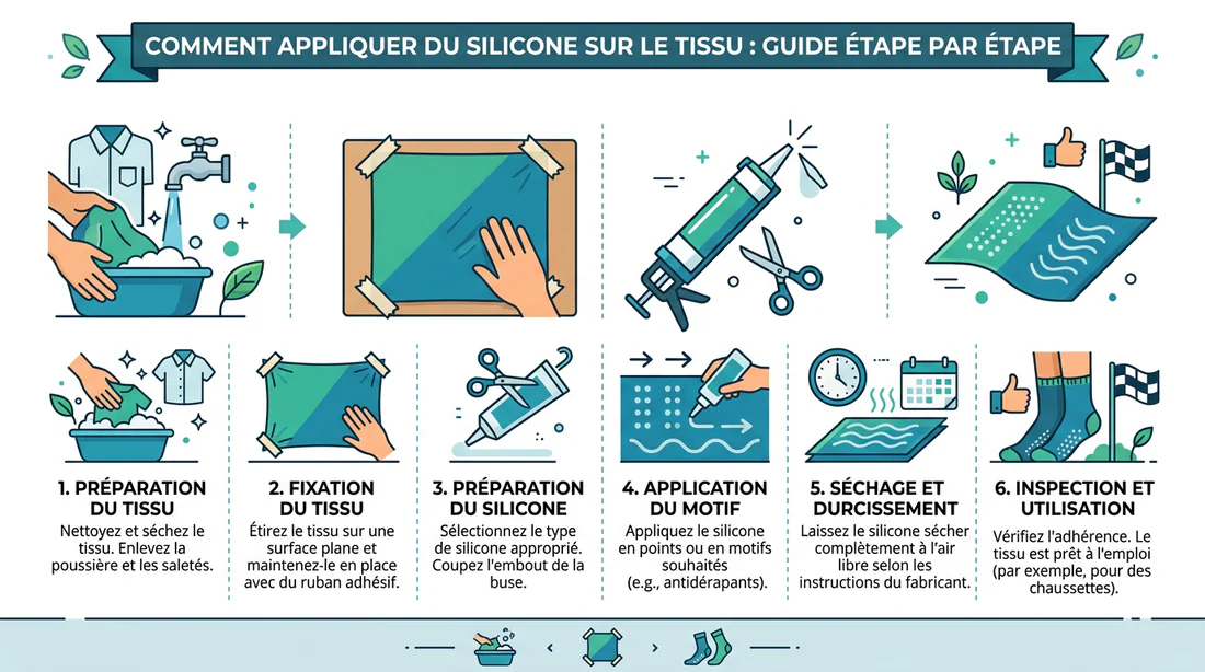 Schéma explicatif des étapes d'application du silicone sur textile