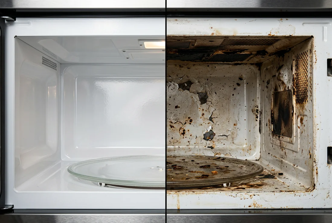 Gros plan sur l'écaillage de la peinture à l'intérieur d'un micro-ondes