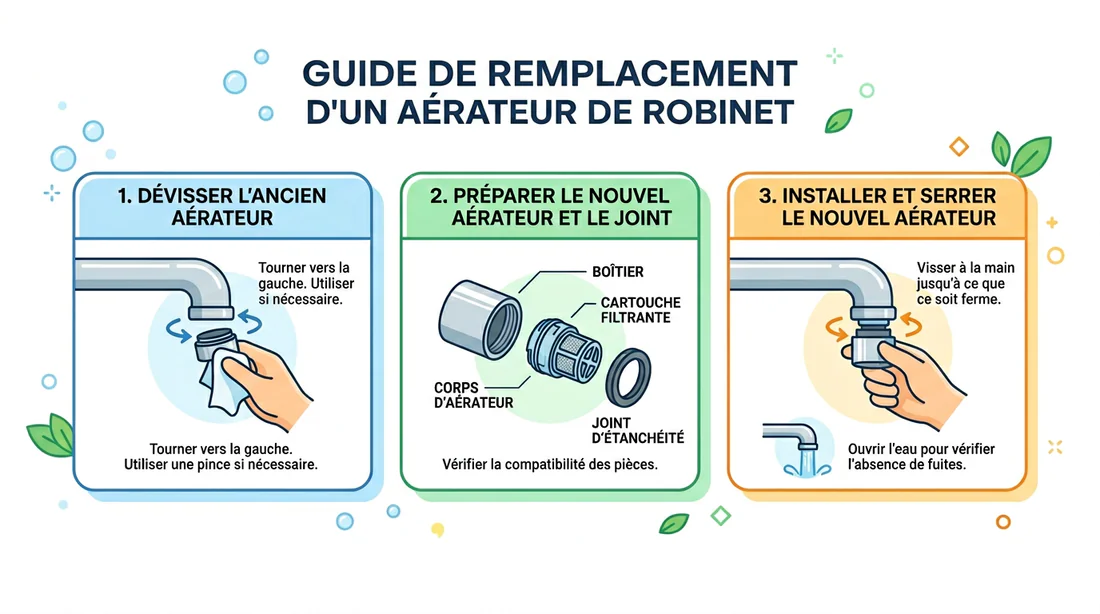 Infographie illustrant le remplacement de l'aérateur d'un robinet