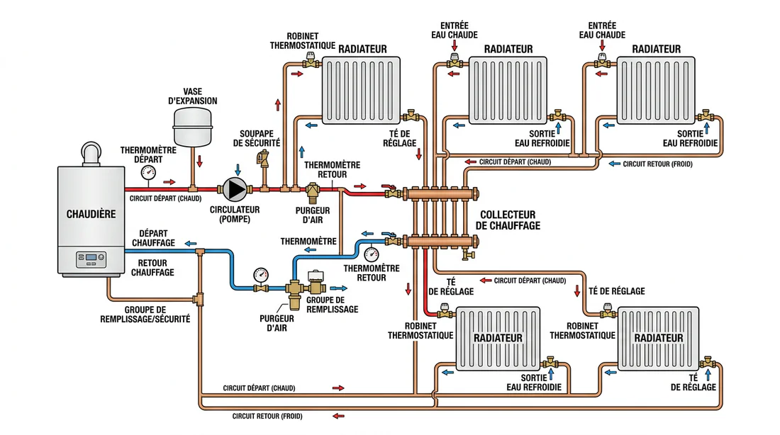 Schéma technique du fonctionnement d'un circuit de chauffage central