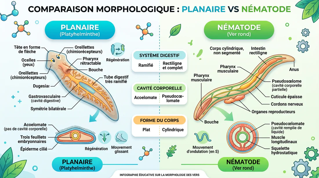 Infographie comparative entre un planaire et un nématode