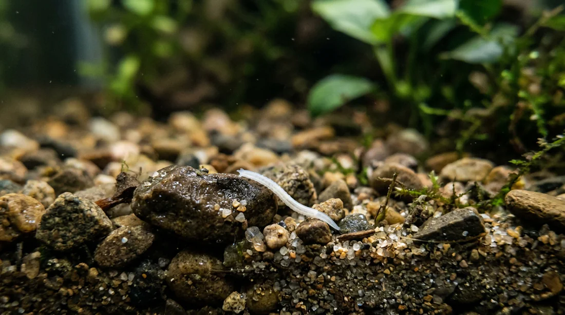 Gros plan sur un ver planaire blanc dans le substrat d'un aquarium