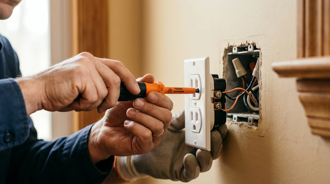 Travaux de réparation sur une prise électrique murale