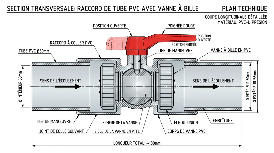 Schéma technique d'une vanne de plomberie en coupe