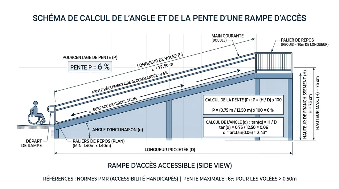Schéma technique de calcul d'inclinaison d'une rampe pour remorque