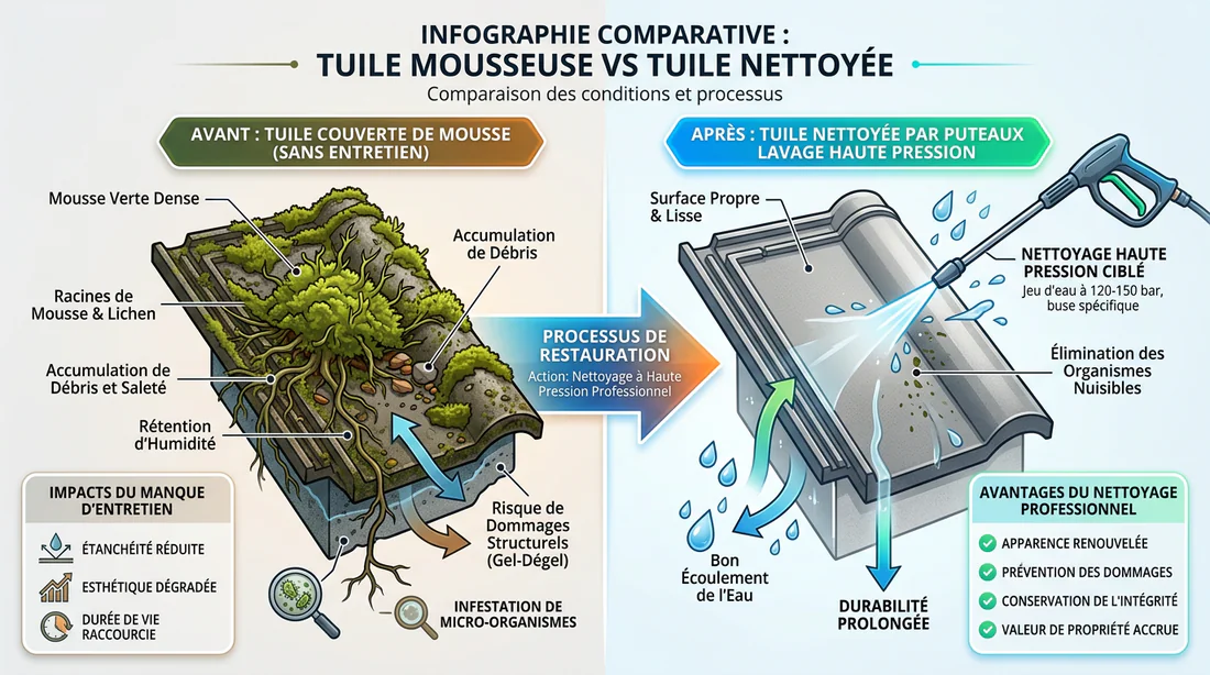 Schéma comparatif avant et après nettoyage de toiture