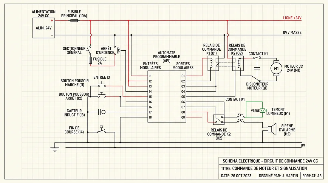 Schéma technique de câblage d'un circuit basse tension 24V