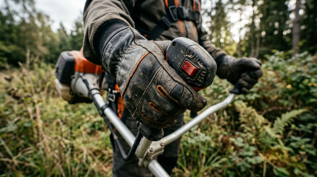Prise en main ergonomique des commandes de la débroussailleuse.