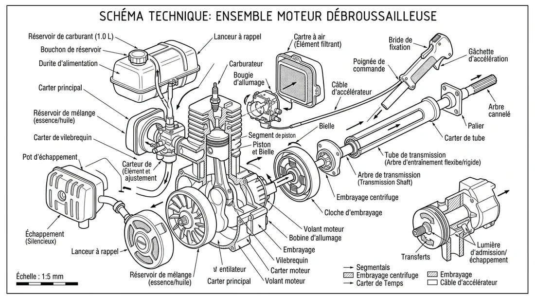 Schéma technique des composants principaux de la débroussailleuse Echo.