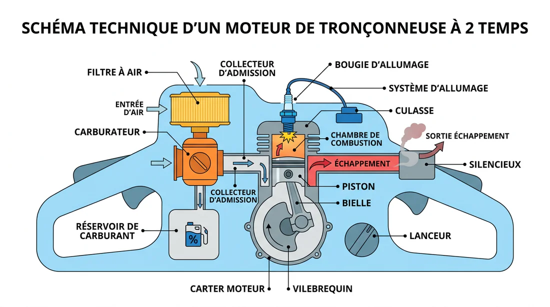 Schéma technique des composants d'un moteur de tronçonneuse