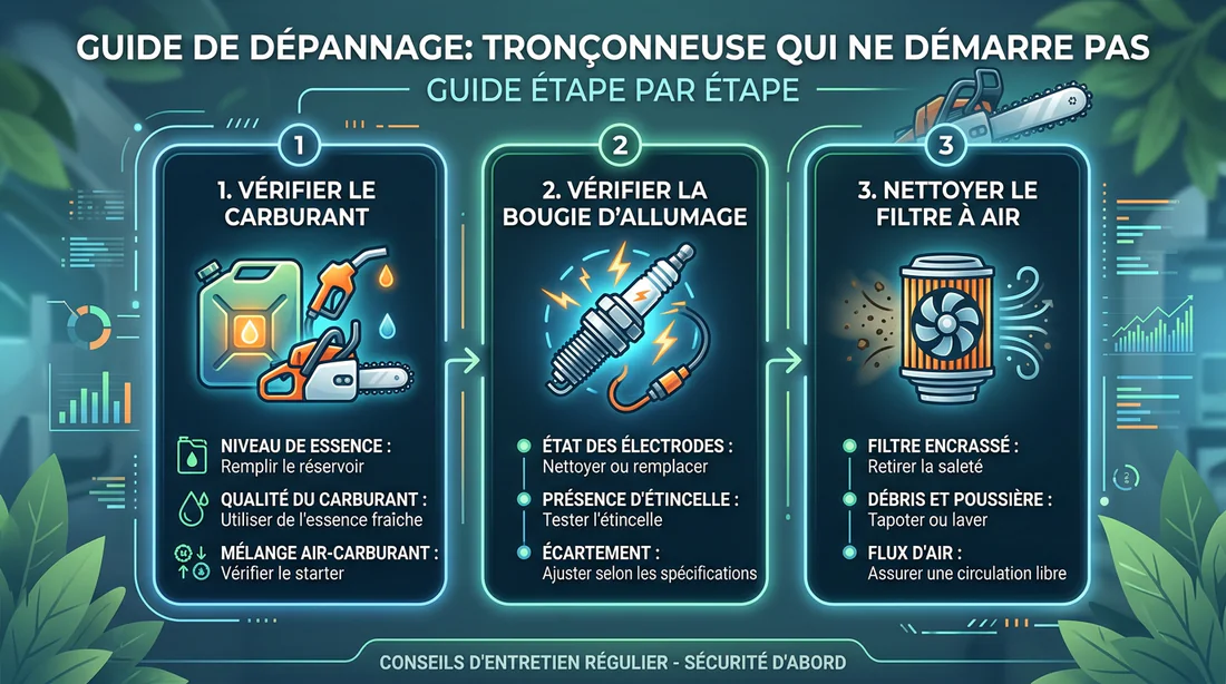 Infographie des étapes de dépannage pour tronçonneuse