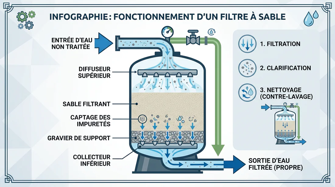 Schéma technique expliquant le fonctionnement d'un filtre à sable de piscine.