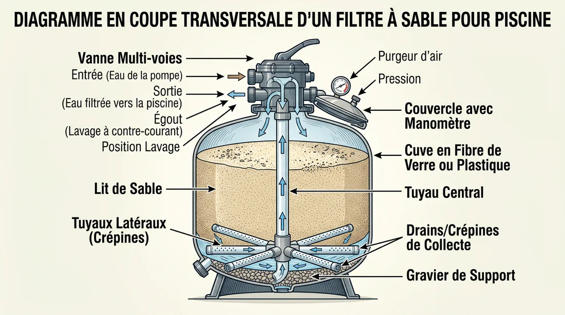 Schéma technique d'un filtre à sable de piscine