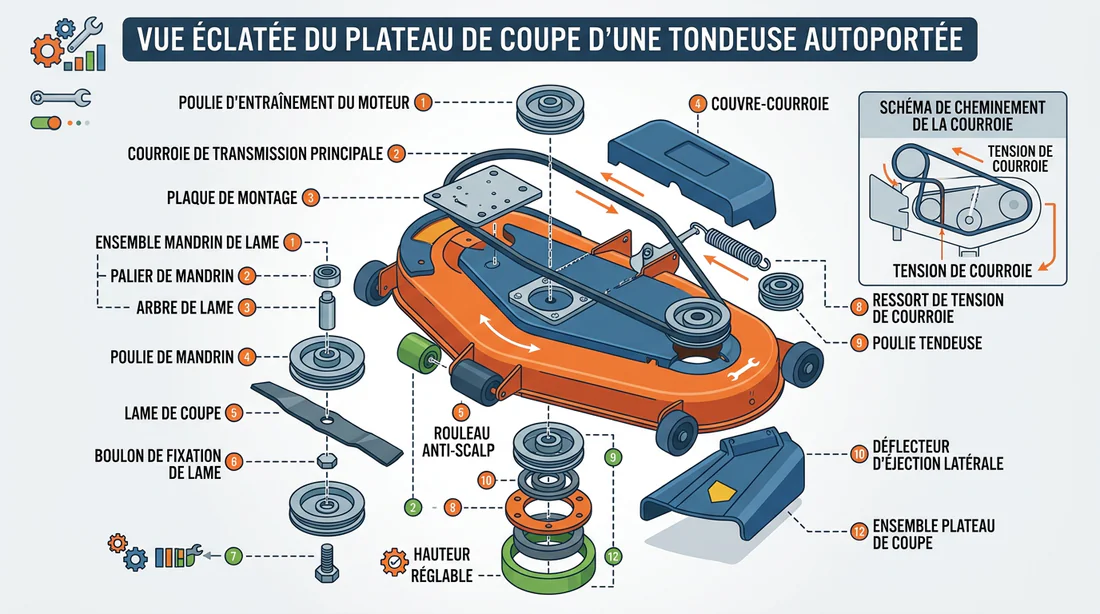 Schéma technique des composants et de la courroie d'une tondeuse rider