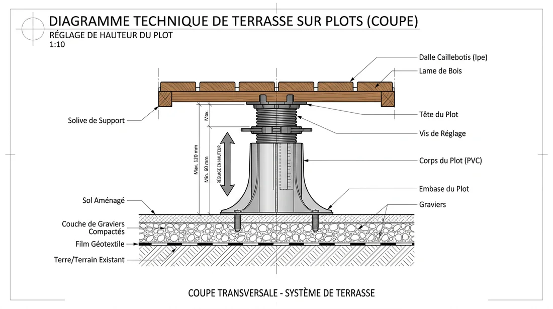 Schéma technique de montage de caillebotis sur plots