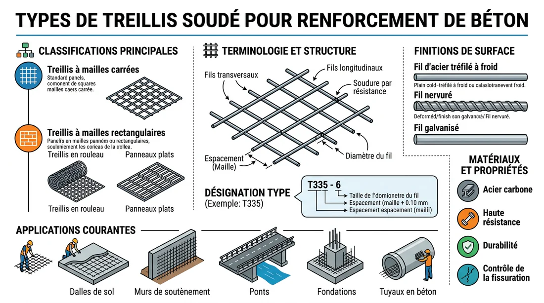 Schéma technique des différents types de treillis soudés pour le béton