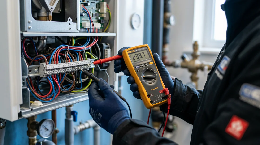 Technicien effectuant un diagnostic électrique sur une chaudière