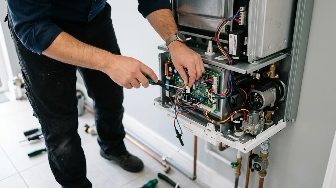 Technicien réparant une chaudière