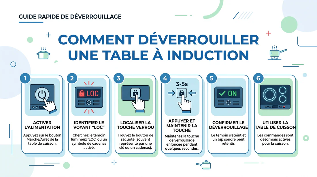 Infographie expliquant comment déverrouiller une plaque à induction