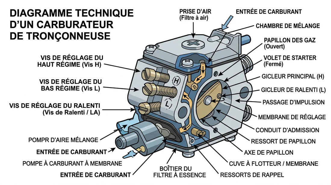 Schéma technique des vis de réglage du carburateur de tronçonneuse