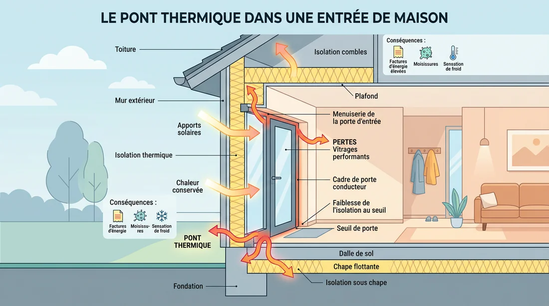 Schéma explicatif des ponts thermiques au niveau d'une porte d'entrée