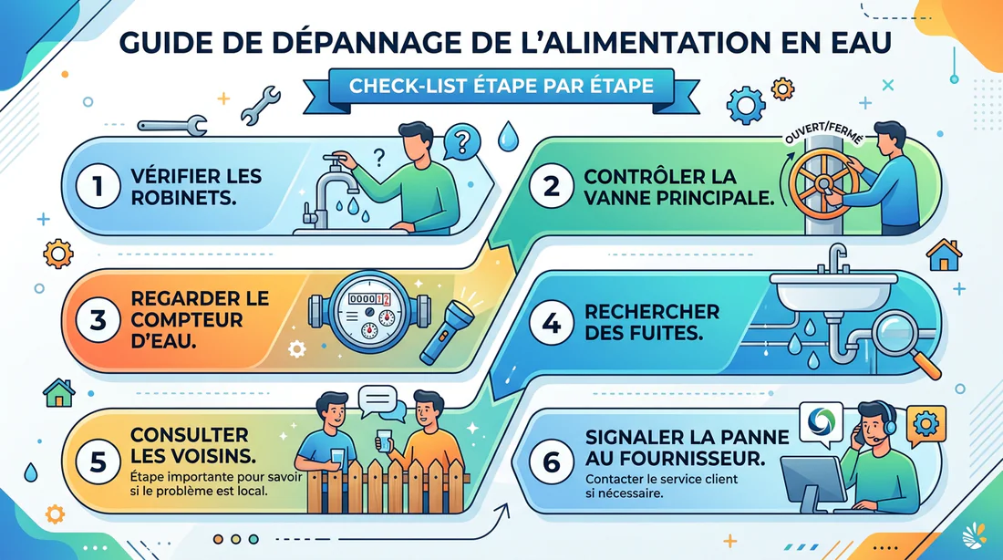 Schéma explicatif des étapes pour diagnostiquer une coupure d'eau