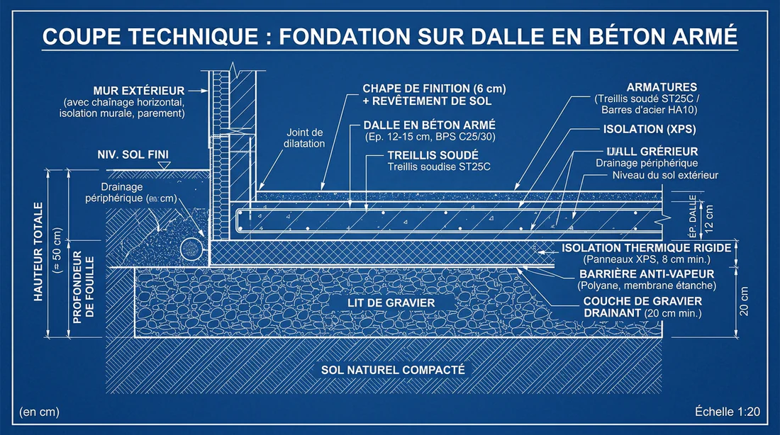 Coupe technique d'une dalle béton sur hérisson