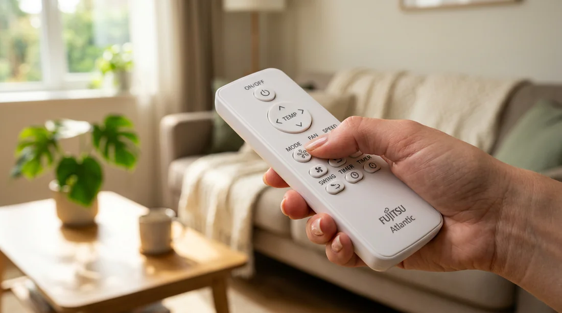 Main appuyant sur le bouton de la télécommande pour basculer la climatisation en mode chaud