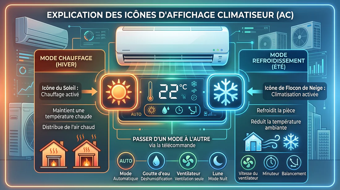 Schéma explicatif des symboles de télécommande de climatisation avec mise en avant du symbole soleil