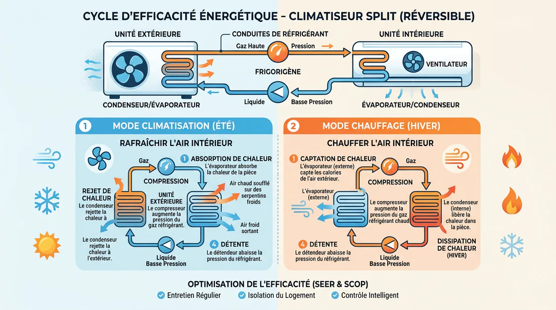 Schéma explicatif de l'efficacité énergétique d'un climatiseur split Midea
