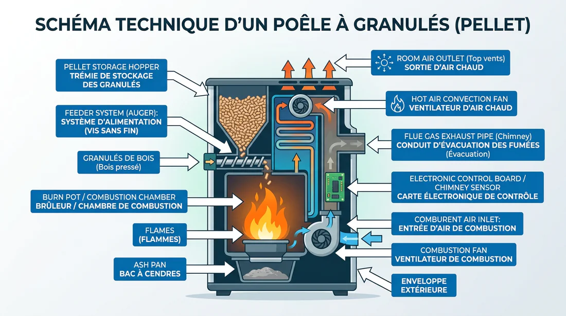 Schéma technique des composants d'un poêle à granulés