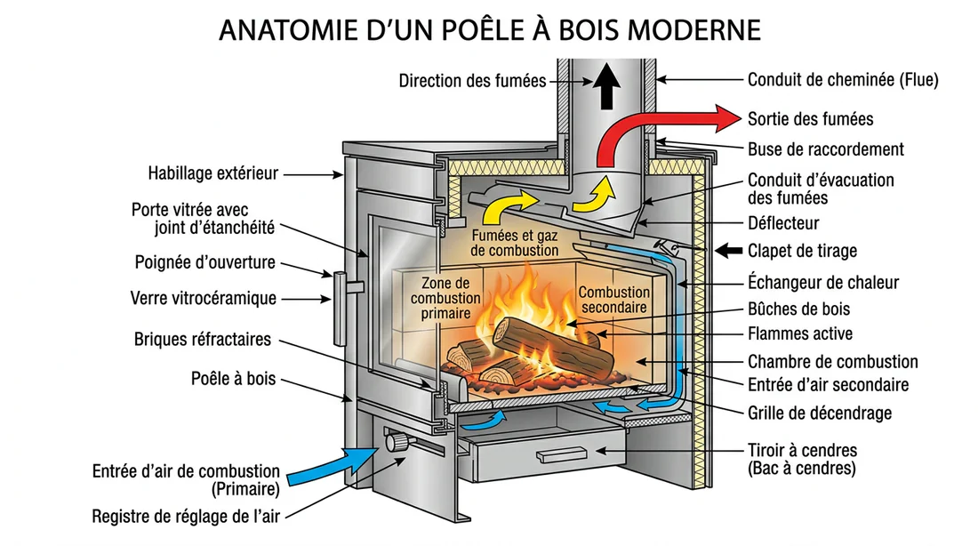 Schéma technique des composants d'un poêle à bois