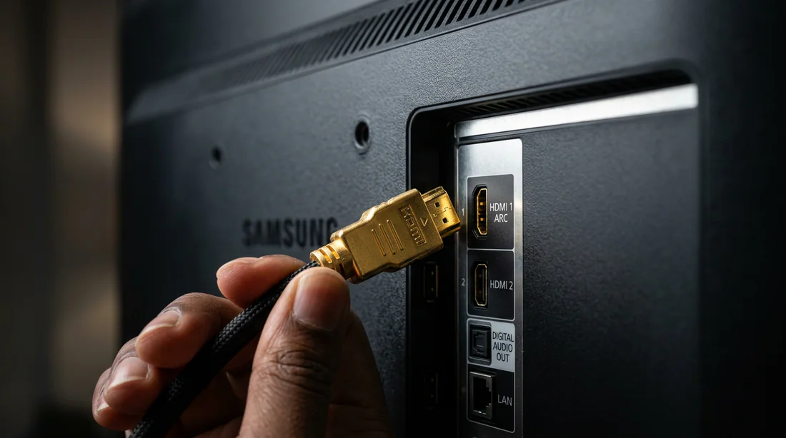 Connexion précise d'un câble HDMI haute définition sur un port TV