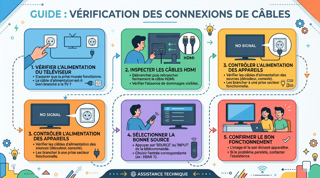 Infographie des étapes de vérification des branchements TV