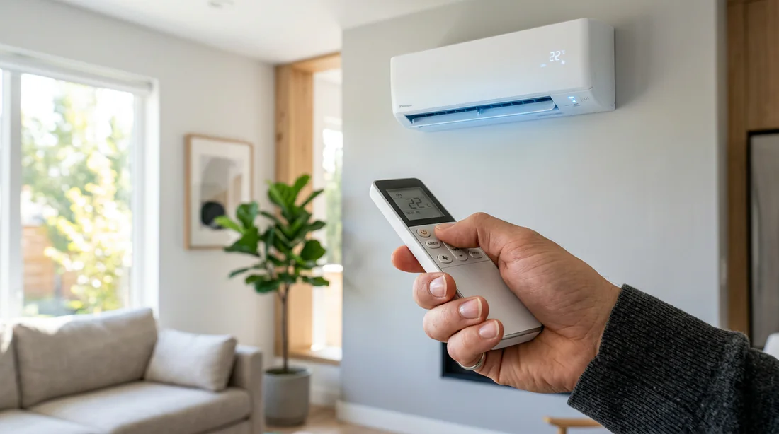 Main tenant une télécommande de climatisation pour régler la température