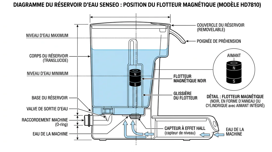 Schéma technique du réservoir d'eau Senseo et du flotteur