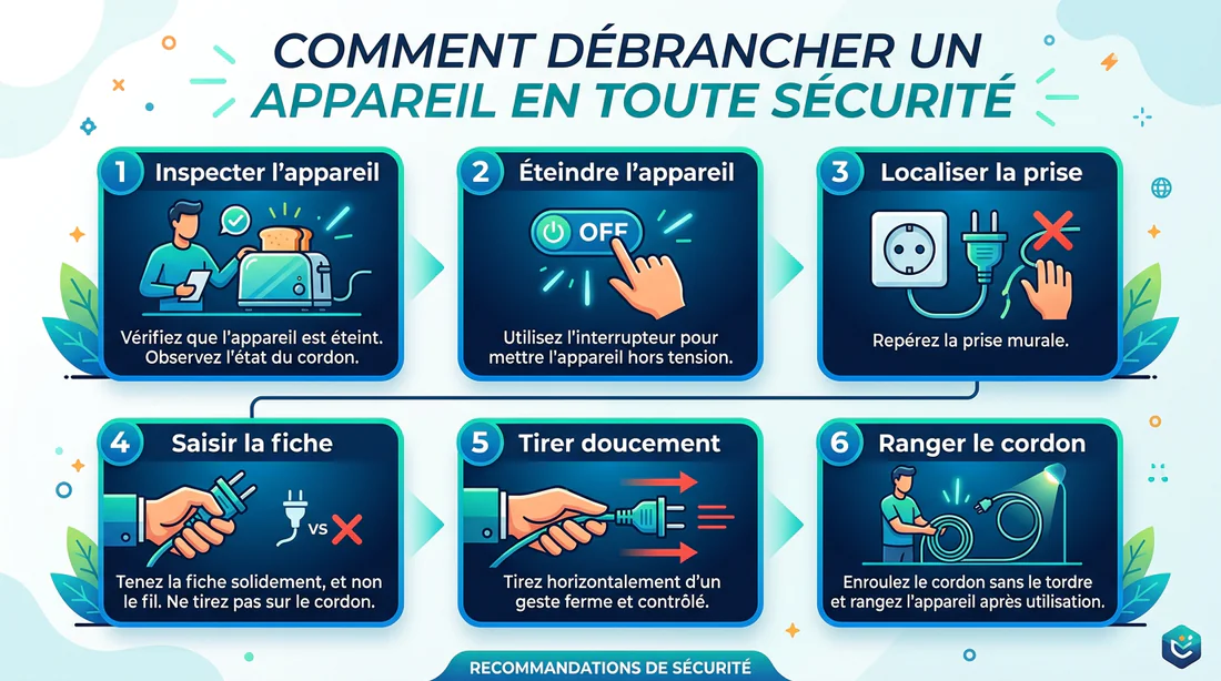 Infographie illustrant les étapes de sécurité pour débrancher un appareil
