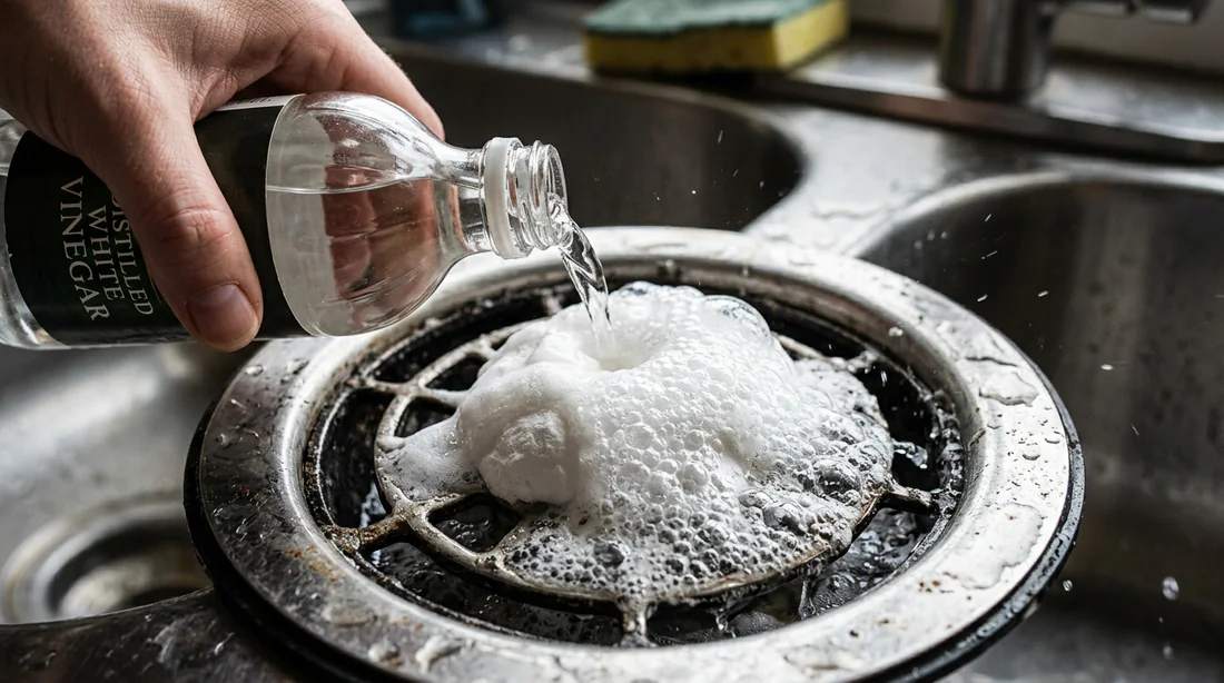 Action de verser du vinaigre sur du bicarbonate dans une bonde d'évier