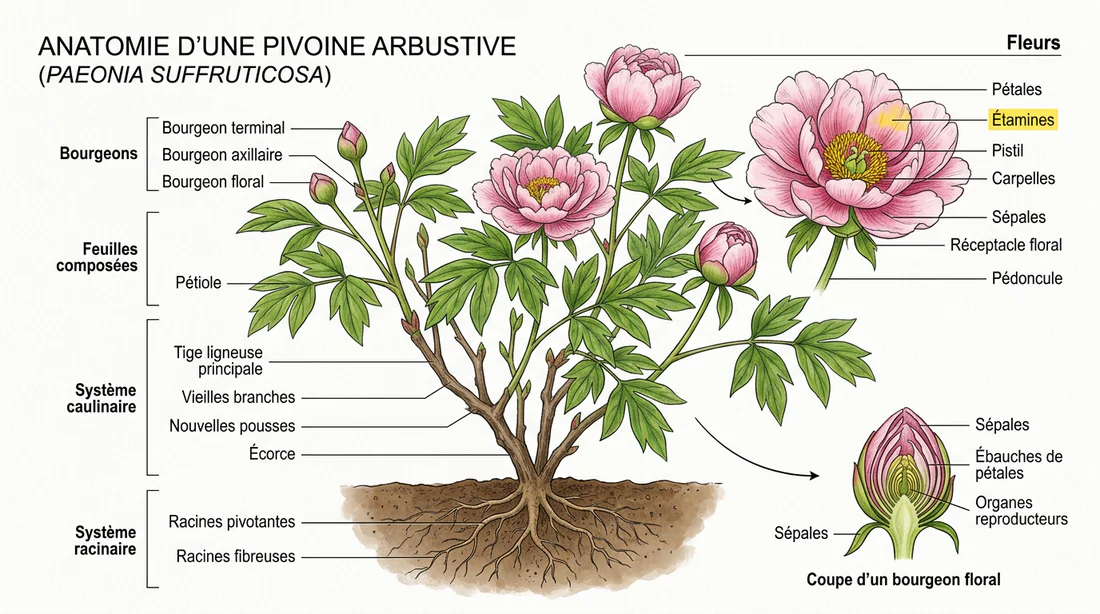 Schéma explicatif des parties d'une pivoine arbustive