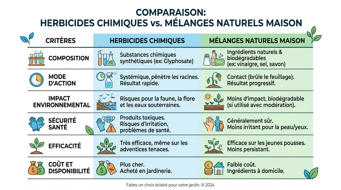 Comparatif entre les désherbants chimiques et les solutions naturelles.